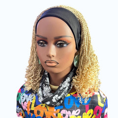 Handmade Blonde Micro Twist Braided Headband Wig with Curly Ends – 613 Golden