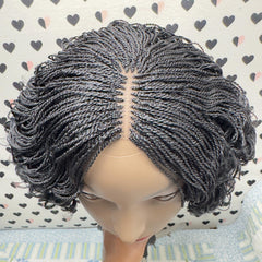 Handmade Micro Twist Short Curly Bob Glueless Braided Lace Closure Wig Black