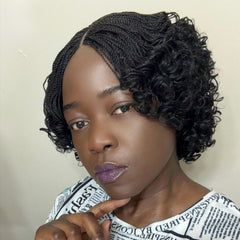 Handmade Micro Twist Short Curly Bob Glueless Braided Lace Closure Wig Black