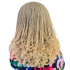 Handmade Blonde Micro Twist Braided Headband Wig with Curly Ends – 613 Golden
