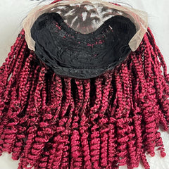 Curled Box Braids Short Curly V Part Lace Frontal Curly Braided Wig Color Burgundy Red