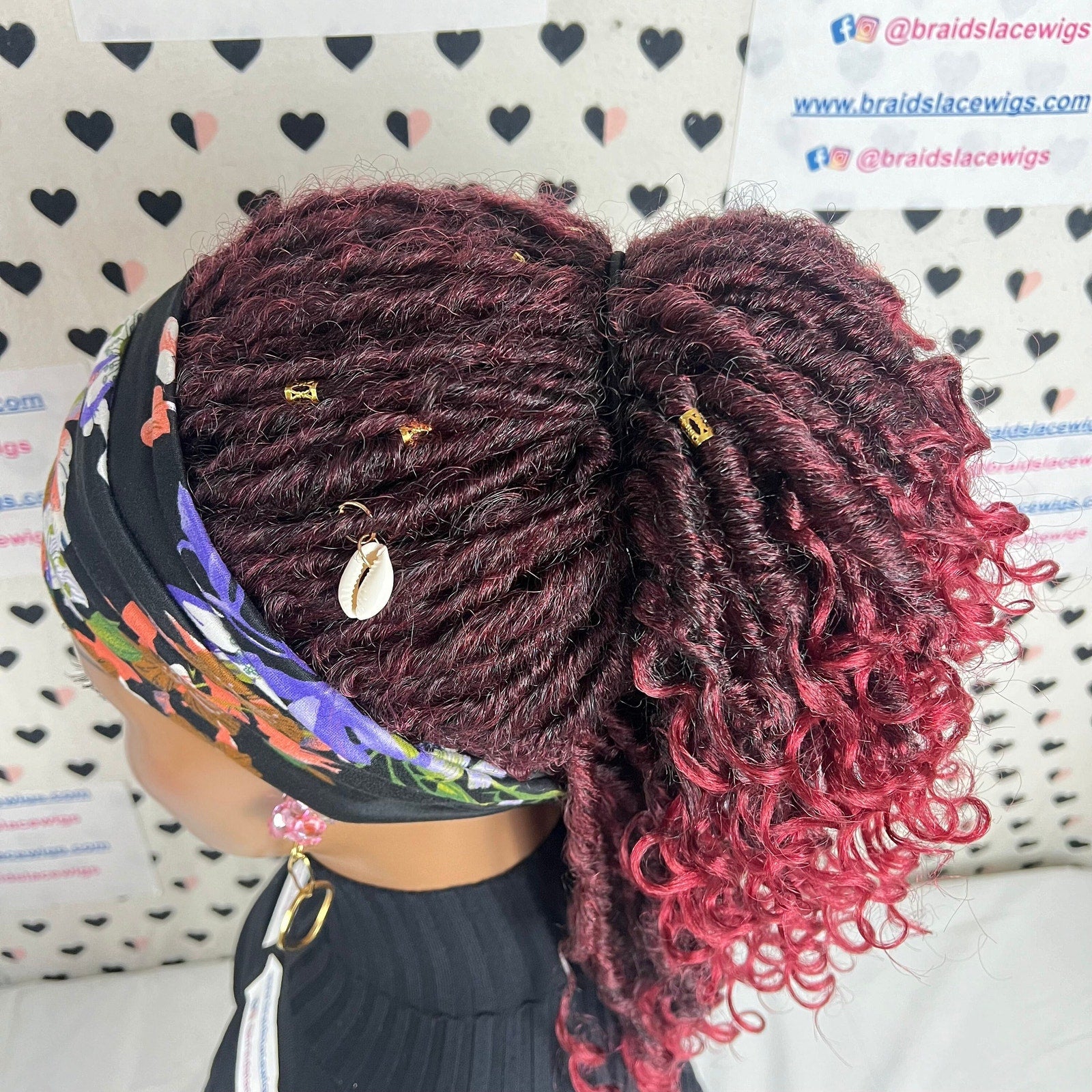 Peluca con diadema de rastas sintéticas cortas, estilo bohemio, con rastas de diosa, rizadas y desgastadas, color burdeos y rojo