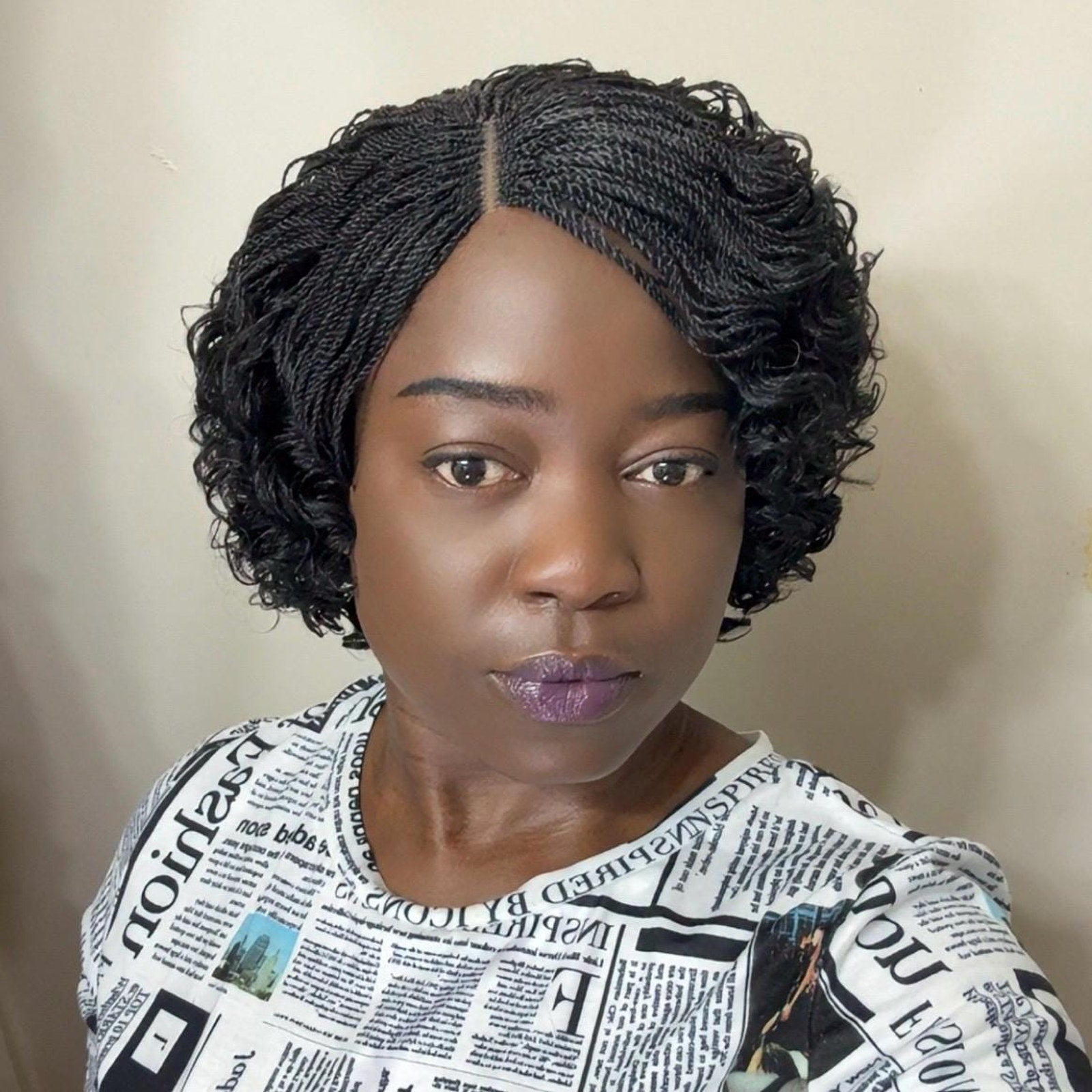 Handmade Micro Twist Short Curly Bob Glueless Braided Lace Closure Wig Black