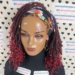 Peluca con diadema de rastas sintéticas cortas, estilo bohemio, con rastas de diosa, rizadas y desgastadas, color burdeos y rojo