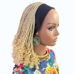 Handmade Blonde Micro Twist Braided Headband Wig with Curly Ends – 613 Golden