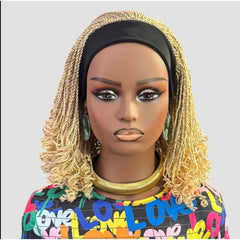 Handmade Blonde Micro Twist Braided Headband Wig with Curly Ends – 613 Golden