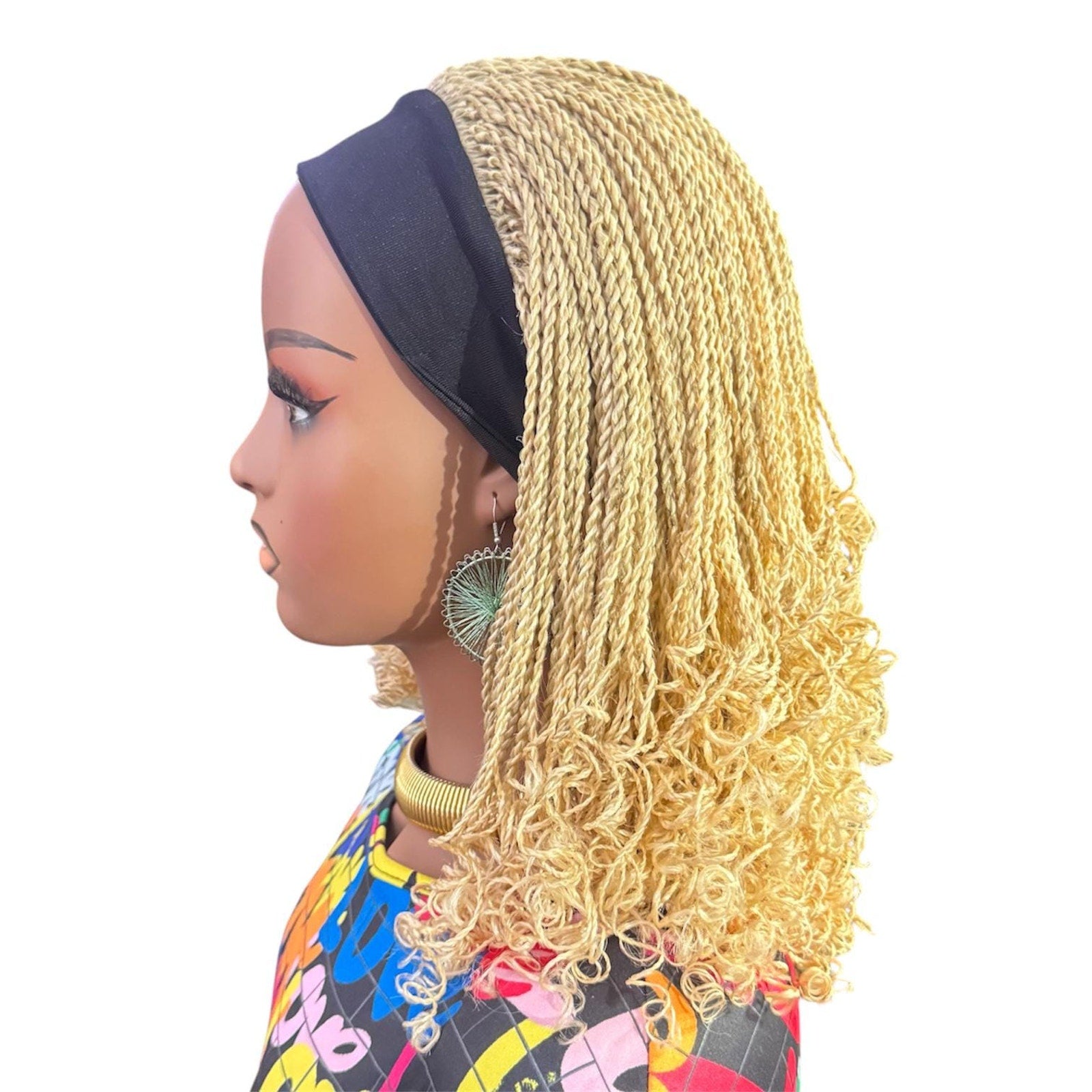 Handmade Blonde Micro Twist Braided Headband Wig with Curly Ends – 613 Golden