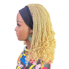 Handmade Blonde Micro Twist Braided Headband Wig with Curly Ends – 613 Golden