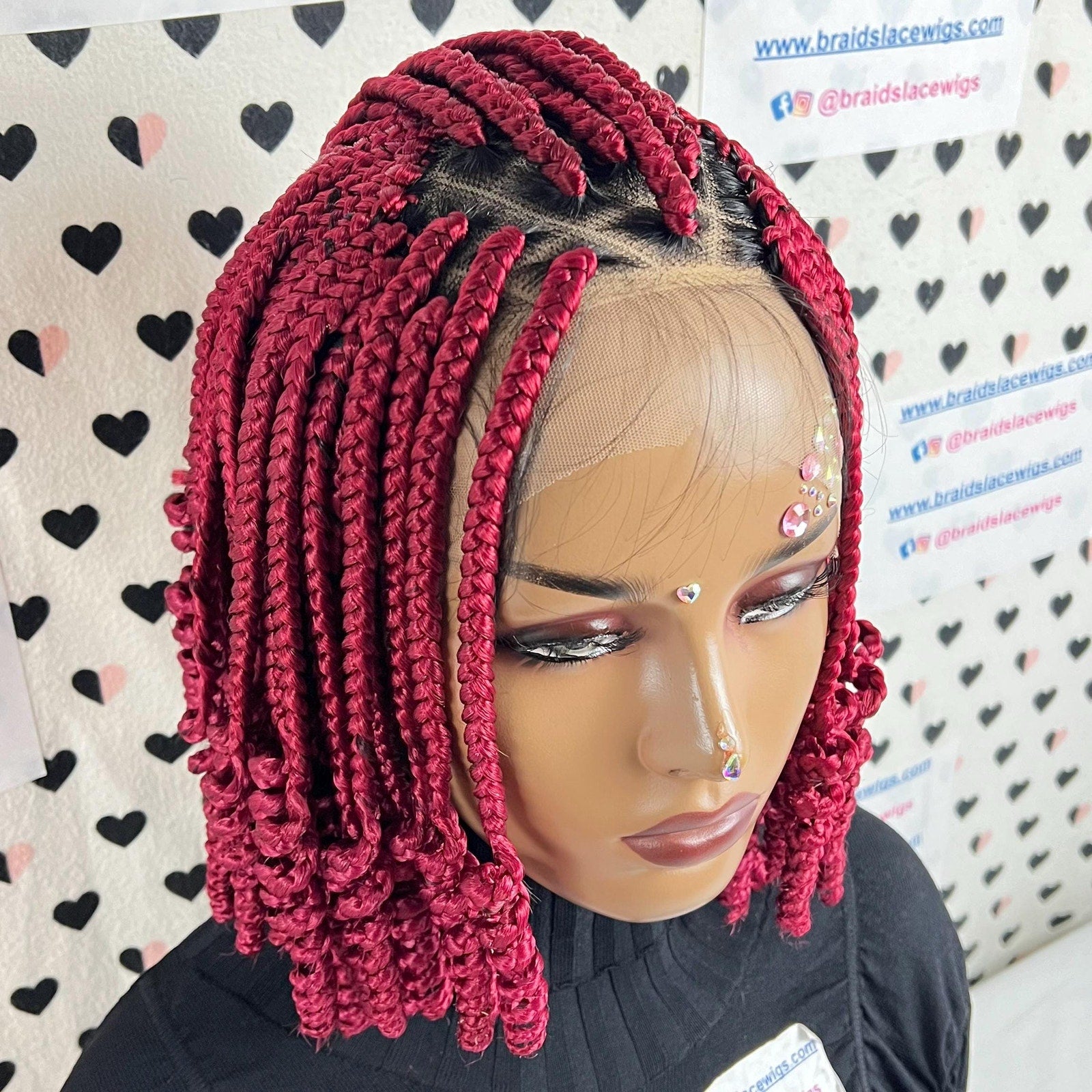 Curled Box Braids Short Curly V Part Lace Frontal Curly Braided Wig Color Burgundy Red