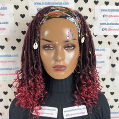 Peluca con diadema de rastas sintéticas cortas, estilo bohemio, con rastas de diosa, rizadas y desgastadas, color burdeos y rojo