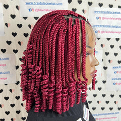 Curled Box Braids Short Curly V Part Lace Frontal Curly Braided Wig Color Burgundy Red