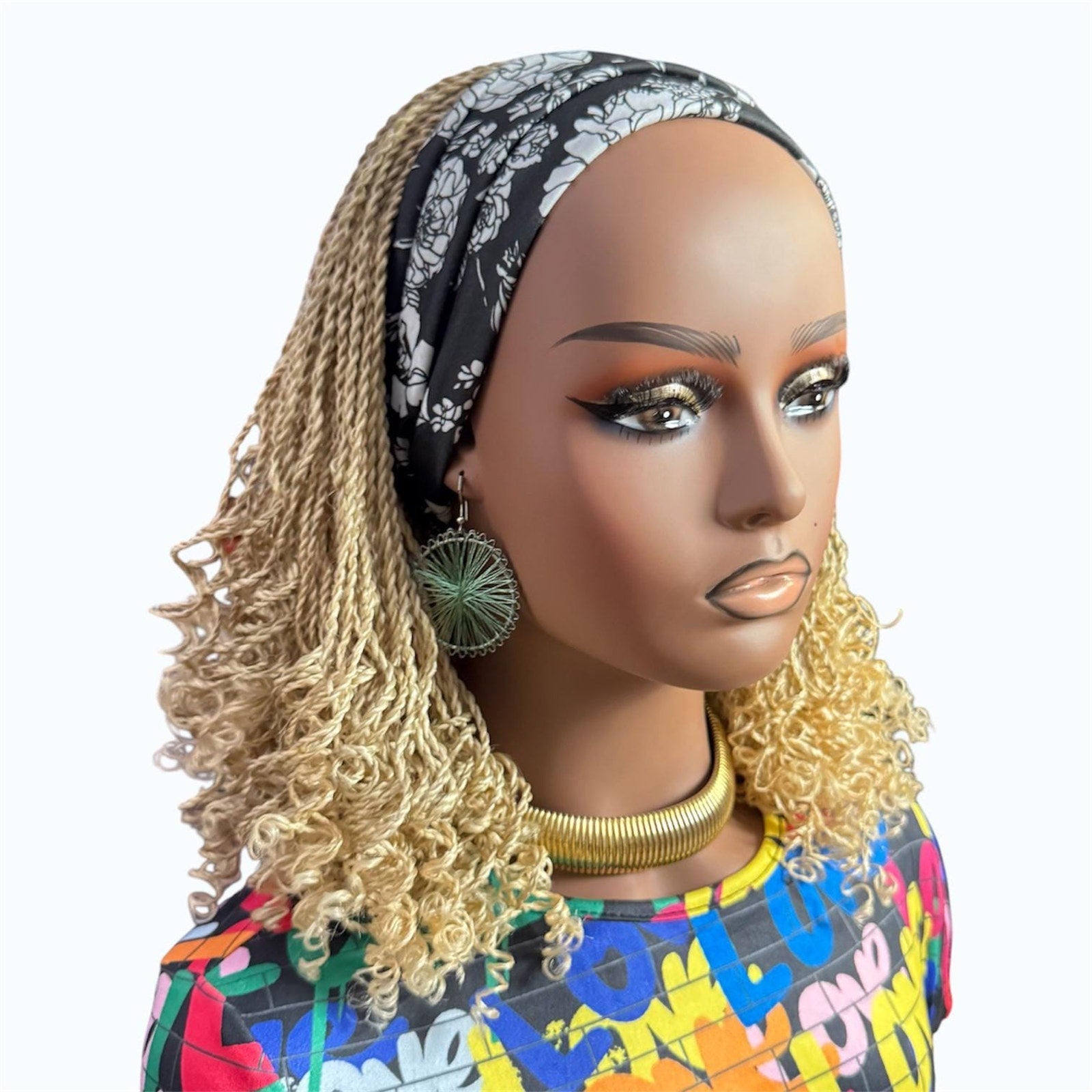 Handmade Blonde Micro Twist Braided Headband Wig with Curly Ends – 613 Golden