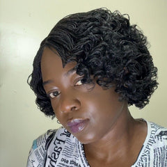 Handmade Micro Twist Short Curly Bob Glueless Braided Lace Closure Wig Black