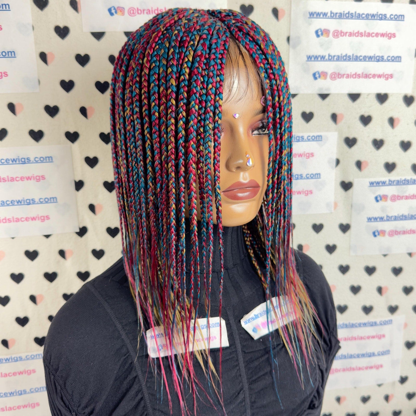 Short Box Braids Handmade Multicolored Braided Lace Closure Wig 14 Inches