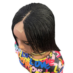 Glueless Tiny Small Braids Short Feathers Twist Braided Lace Closure Wig Black