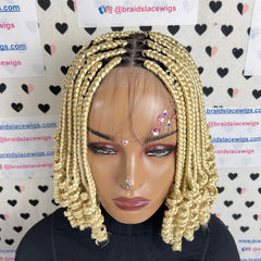 Short Curly Box Braids Braided Lace Closure Wig For Black Women Color 613