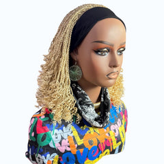Handmade Blonde Micro Twist Braided Headband Wig with Curly Ends – 613 Golden