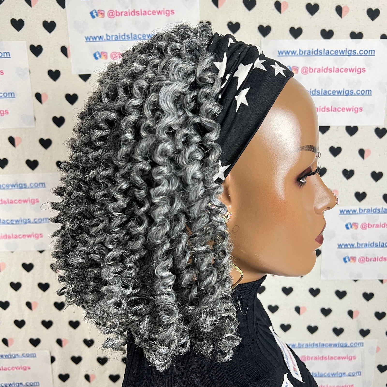 Pelucas cortas con rizos en espiral y rizos de primavera, con diadema rizada y trenzas para mujeres negras, de color gris