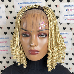Short Curly Box Braids Braided Lace Closure Wig For Black Women Color 613