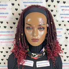 Peluca con diadema de rastas sintéticas cortas, estilo bohemio, con rastas de diosa, rizadas y desgastadas, color burdeos y rojo