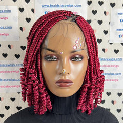 Curled Box Braids Short Curly V Part Lace Frontal Curly Braided Wig Color Burgundy Red
