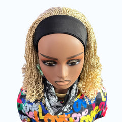 Handmade Blonde Micro Twist Braided Headband Wig with Curly Ends – 613 Golden
