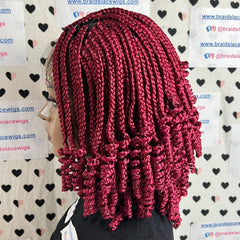 Curled Box Braids Short Curly V Part Lace Frontal Curly Braided Wig Color Burgundy Red