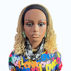 Handmade Blonde Micro Twist Braided Headband Wig with Curly Ends – 613 Golden
