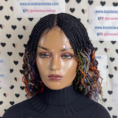 Wavy Curls Half Box Braids Curly Braided Wig For Black Women 16 Inch Multi color