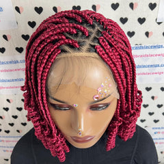 Curled Box Braids Short Curly V Part Lace Frontal Curly Braided Wig Color Burgundy Red