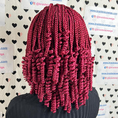 Curled Box Braids Short Curly V Part Lace Frontal Curly Braided Wig Color Burgundy Red