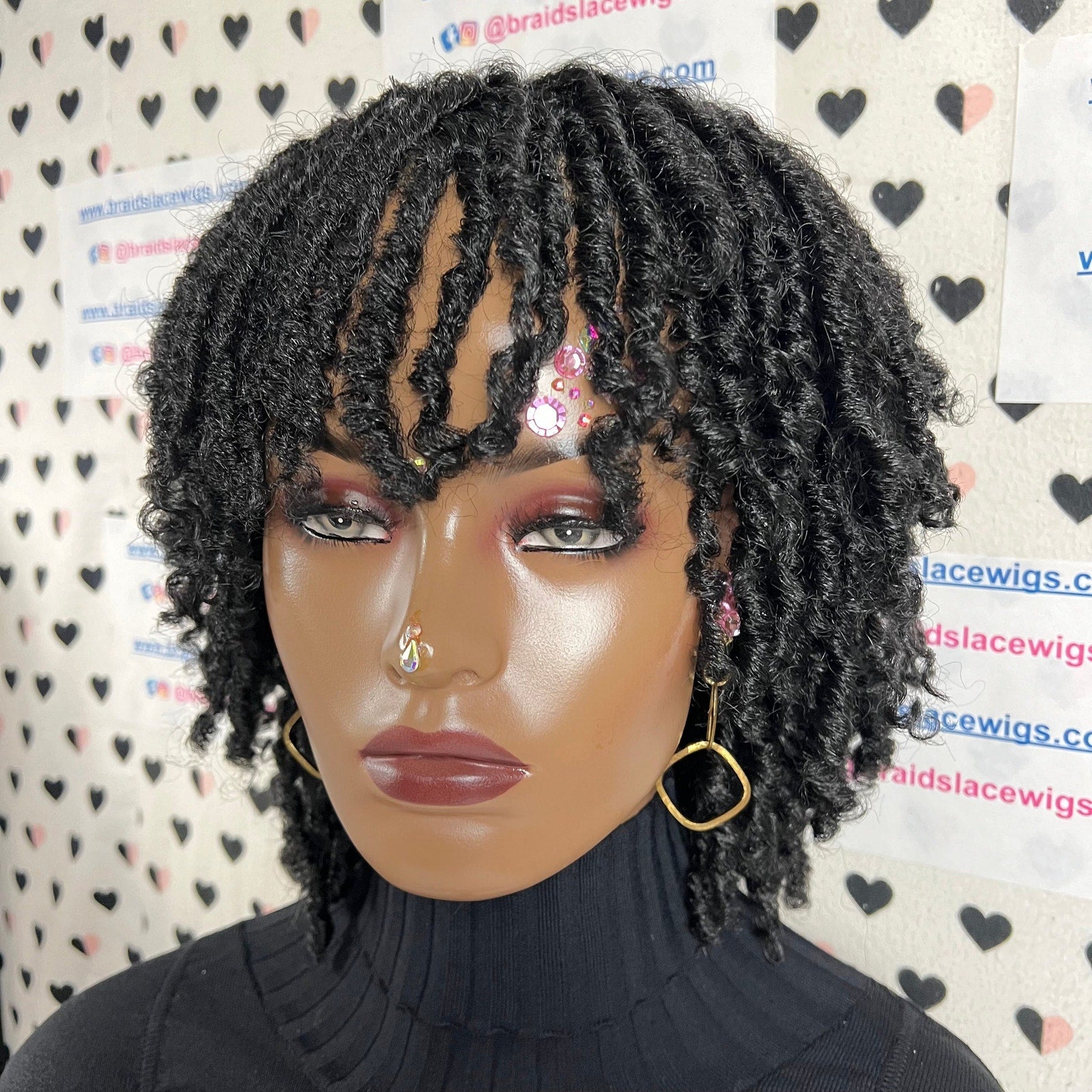 Peluca corta con rastas sintéticas, trenzada, estilo afro, de 8 pulgadas y color negro