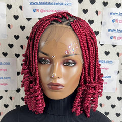 Curled Box Braids Short Curly V Part Lace Frontal Curly Braided Wig Color Burgundy Red