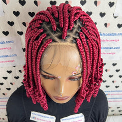 Curled Box Braids Short Curly V Part Lace Frontal Curly Braided Wig Color Burgundy Red