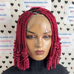 Curled Box Braids Short Curly V Part Lace Frontal Curly Braided Wig Color Burgundy Red