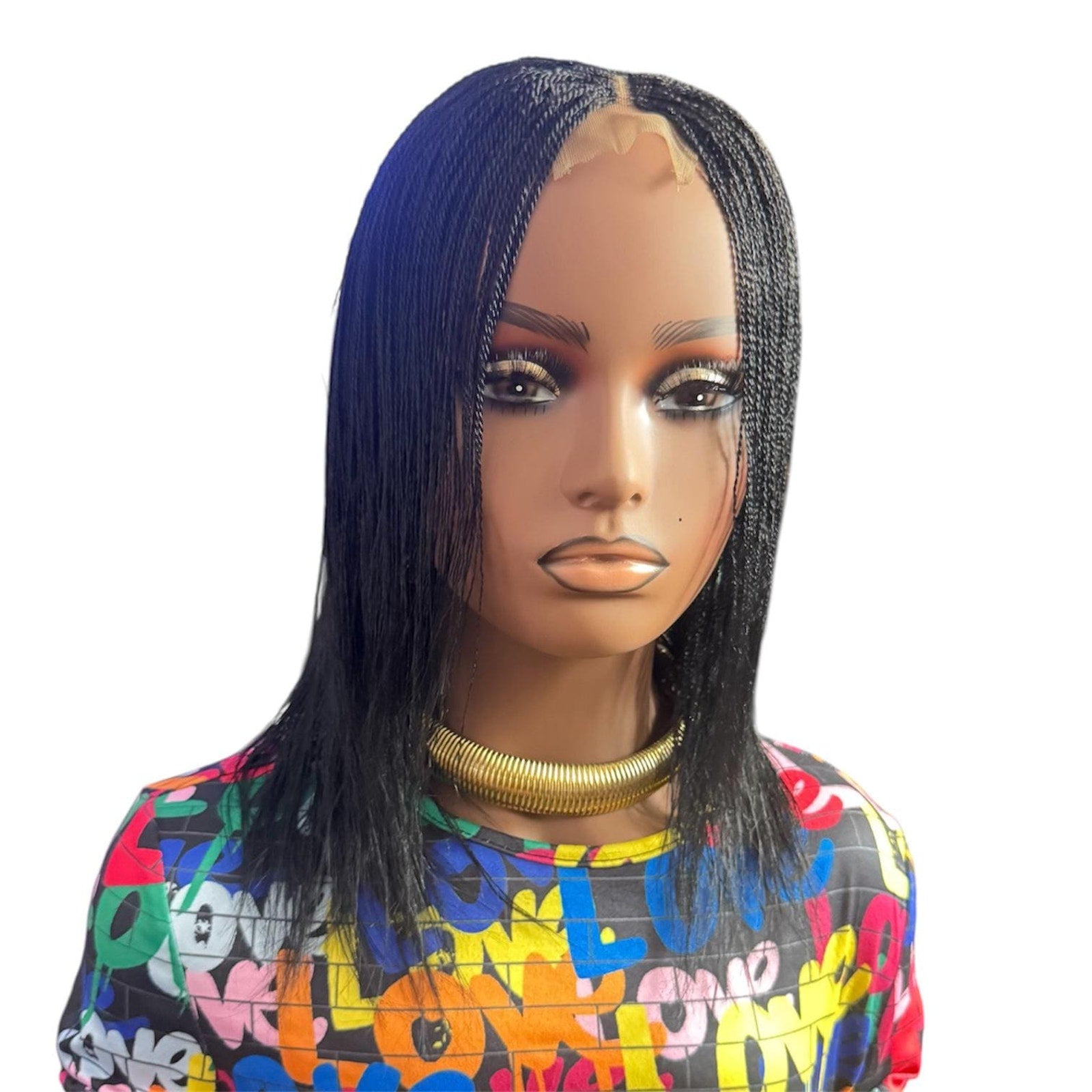 Glueless Tiny Small Braids Short Feathers Twist Braided Lace Closure Wig Black
