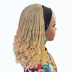 Handmade Blonde Micro Twist Braided Headband Wig with Curly Ends – 613 Golden