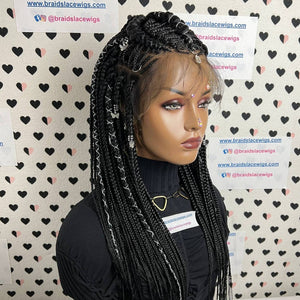 Cornrows Braids Braided Lace Frontal Box Braid Wig With Silver Hair Accessories