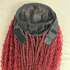 Pelucas con diadema trenzadas, trenzas de caja de diosa con pelo rizado sintético, rojo burdeos