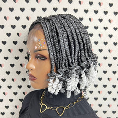 Handmade Box Braids Short Curls Braided Lace Front Wig With Curly Ends Grey