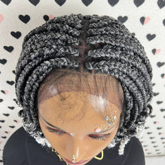 Handmade Box Braids Short Curls Braided Lace Front Wig With Curly Ends Grey