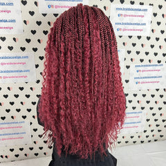 Pelucas con diadema trenzadas, trenzas de caja de diosa con pelo rizado sintético, rojo burdeos
