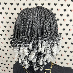 Handmade Box Braids Short Curls Braided Lace Front Wig With Curly Ends Grey