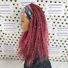 Pelucas con diadema trenzadas, trenzas de caja de diosa con pelo rizado sintético, rojo burdeos