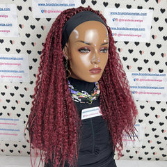 Pelucas con diadema trenzadas, trenzas de caja de diosa con pelo rizado sintético, rojo burdeos