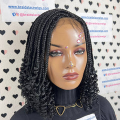 Short Curly Braids, Handmade Lace Closure Box Braided Frontal Wigs 14 Inches