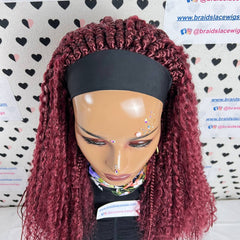 Pelucas con diadema trenzadas, trenzas de caja de diosa con pelo rizado sintético, rojo burdeos