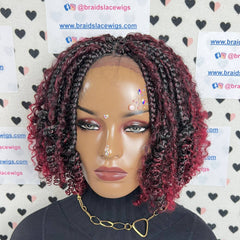 Short Curls Box Braid Lace Front Wig Goddess Boho Messy Braids Wigs For Black Women With Curly Synthetic Hair Burgundy Red Ombre