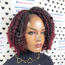 Short Curls Box Braid Lace Front Wig Goddess Boho Messy Braids Wigs For Black Women With Curly Synthetic Hair Burgundy Red Ombre