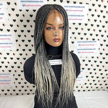 Peluca gris ombré, trenzas en caja, pelucas trenzadas para mujeres negras, frente de encaje trenzado hecho a mano